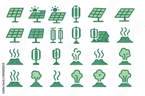Collection of simple green icons showing solar energy, wind energy, smoke, and volcanic activity in flat design style