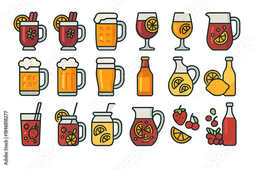 Various drinks including beer, cocktails, and juices arranged in a colorful pattern during a gathering or celebration