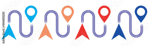 A series of colorful location pins connected by wavy lines in a row