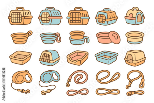 Various pet carriers, bowls, and leashes arranged in a grid layout for pet care accessories