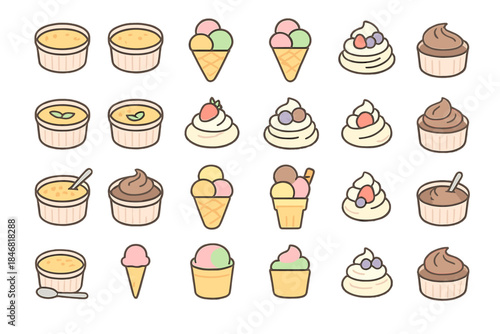 Colorful variety of desserts displayed in a grid pattern featuring different types of ice cream and sweets