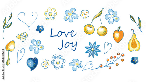 A whimsical digital scene with bright hearts, flowers, and fruits conveying love and joy in a colorful cheerful