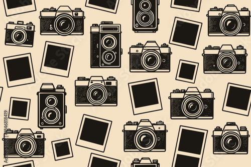 Pattern of cameras and photo frames on a beige background with various styles and designs