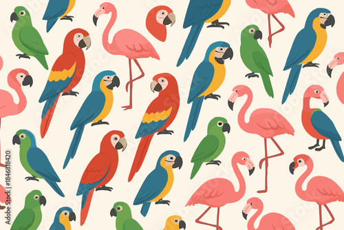 Colorful birds in various positions and styles arranged in a repeating pattern on a light background