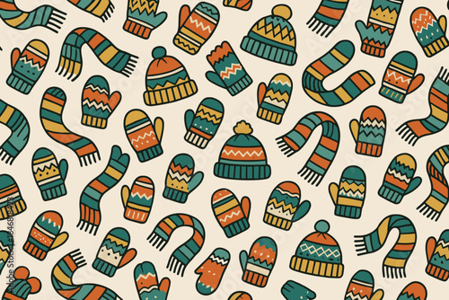 Patterns of winter clothing with scarves, hats, and mittens on a light background for seasonal decoration or design use