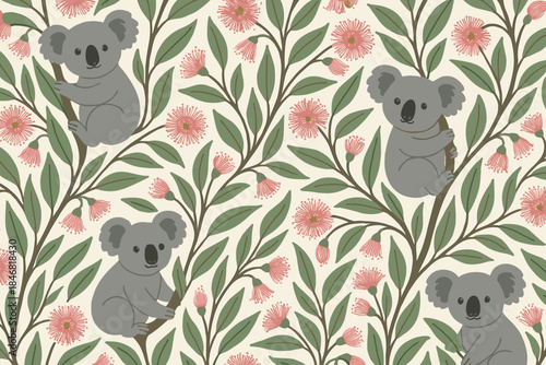 Koalas and flowers create a fun pattern crafted for children's rooms or playful spaces with a nature theme