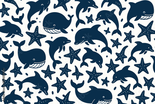 Pattern featuring dolphins and whales swimming around stars in a simple design
