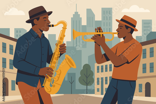 Musicians play saxophone and trumpet on a city street surrounded by buildings and trees during the day