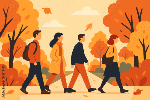 Group of friends walking together on a path surrounded by autumn trees and falling leaves in a park during the day