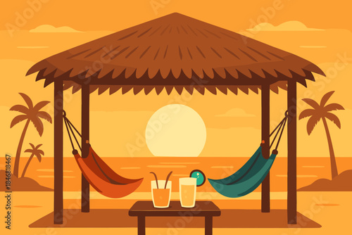 Relaxing in a beach hut with drinks as the sun sets over the ocean during evening time