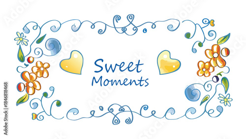 Whimsical floral vines curling around glossy hearts on white background, sweet moments greeting card design