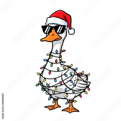Funny Duck Wrapped in Christmas Lights – Cartoon Goose Wearing Santa Hat and Sunglasses Vector Illustration

