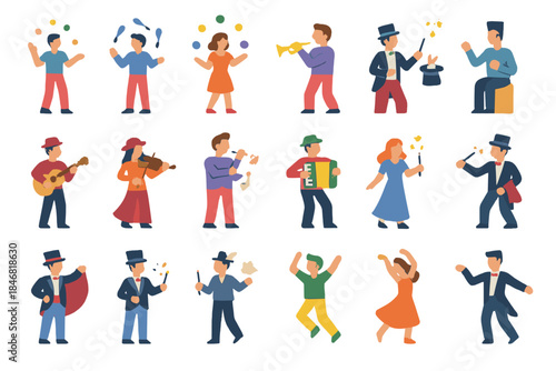 Colorful scene of people performing various activities in a festive setting with music and dance