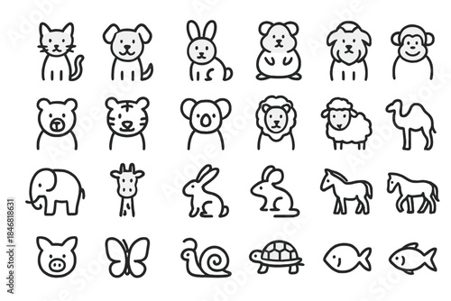 Collection of animal drawings featuring domestic and wild creatures in simple line art style