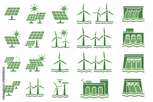 Icons representing renewable energy sources like solar, wind, and hydro power in simple and clear designs