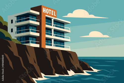Hotel situated on cliff by ocean with clear sky and clouds during daytime