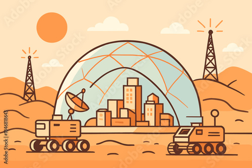 Rovers explore a futuristic city inside a dome on a desert landscape under a sun with communication towers in the background