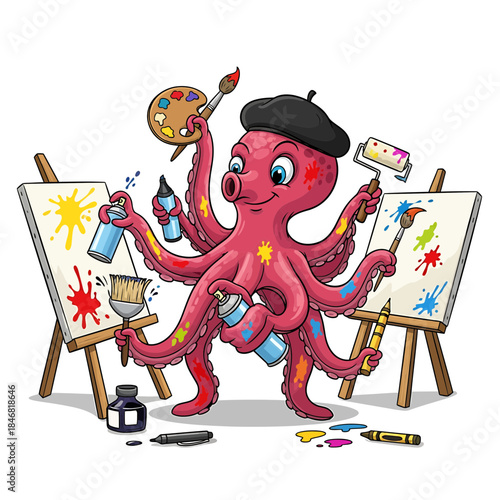 Creative Octopus Artist Vector – Funny Cartoon Octopus Painting with Palette, Brushes, and Canvas Illustration


