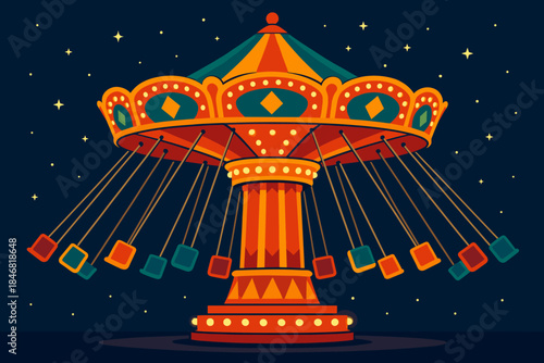 Swing ride spins in amusement park under night sky full of stars with bright lights