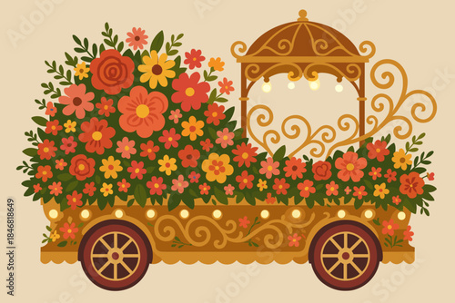 Colorful flower cart with a decorative canopy and lights for a spring festival in a vibrant setting