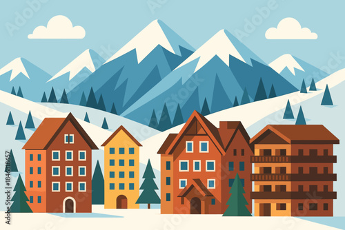Snowy mountain village with colorful houses in winter landscape under blue sky