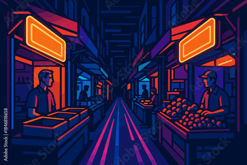Night market scene with vendors selling fruits and goods in a vibrant setting
