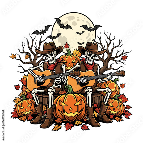 Funny Halloween Skeleton Band Vector – Guitar-Playing Skeletons with Pumpkins, Bats, and Full Moon Illustration

