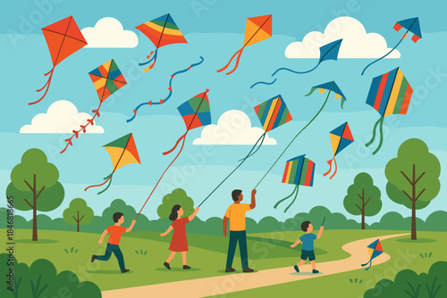Children and adults fly colorful kites together in a park on a sunny day with blue sky and clouds