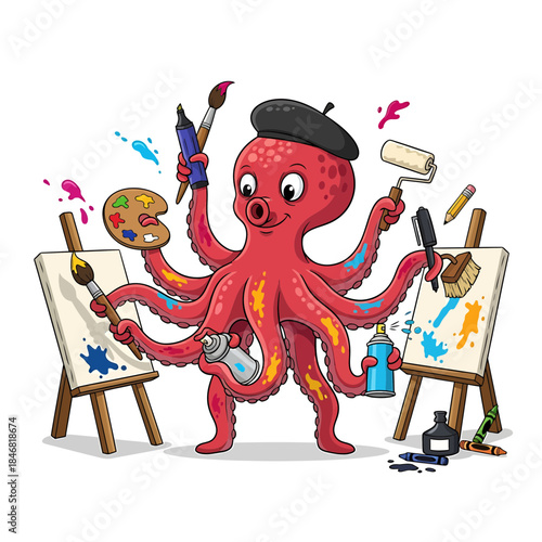 Creative Octopus Artist Vector – Funny Cartoon Octopus Painting with Palette, Brushes, and Canvas Illustration

