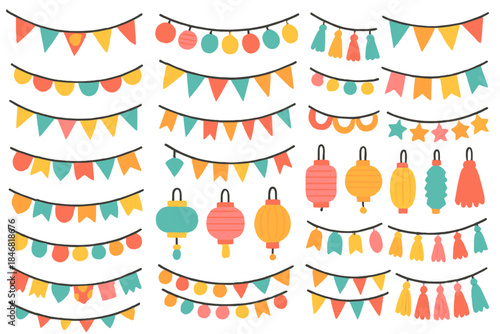 Colorful decorations for a festive celebration with various shapes and patterns displayed on strings
