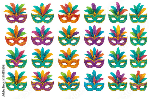 Colorful party masks arranged in a pattern for a festive celebration during carnival season