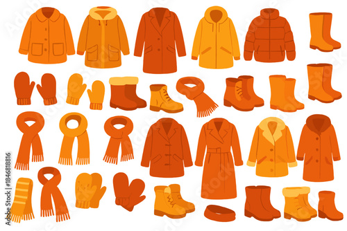 Collection of orange clothing items for cold weather