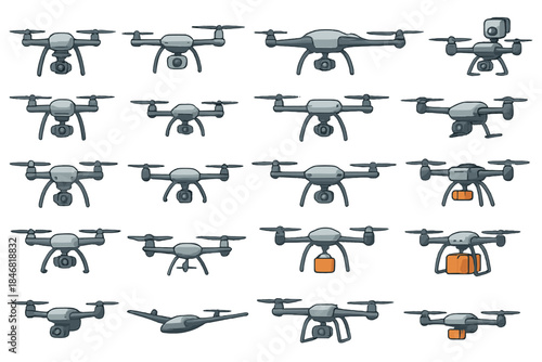 Different types of drones shown in a grid layout with various features designed for several tasks and activities