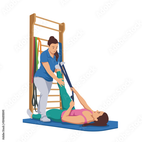 Physical Therapy Session Using Resistance Bands for Leg Stretching