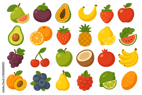 Different kinds of fruits arranged in a colorful pattern on a white background
