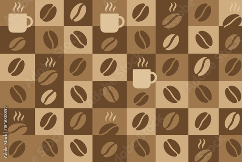 Coffee beans and mugs on a patterned surface create a warm and inviting scene for coffee lovers and enthusiasts
