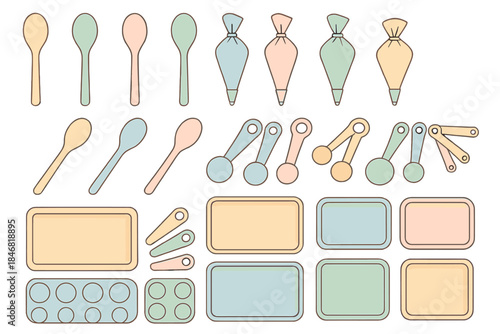 Tools for baking and cooking arranged on a flat surface with varied shapes and colors
