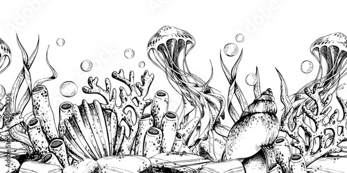 Seamless border with underwater life. Hand drawn ocean creature jellyfish and shell with bubbles. Marine ecosystem and sea animal concept for invitation card. Pattern outline graphic illustration