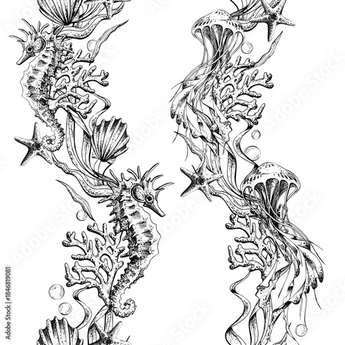 Hand drawn line art illustration of marine animal seamless pattern for design, print, wallpaper, fabric, background with seahorse, coral, jellyfish. Vertical borders outline graphic