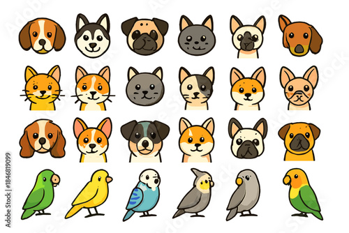 Cute cartoon animals including dogs, cats, and birds in a grid layout