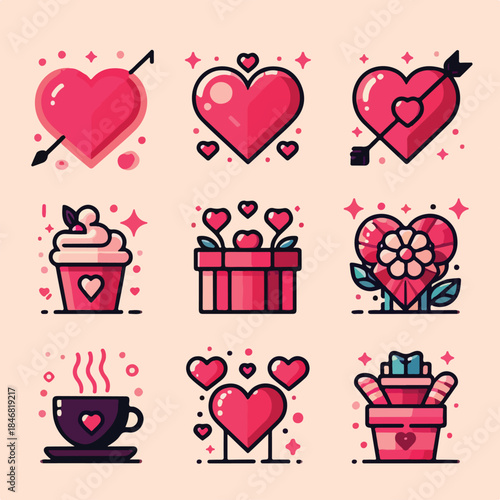 Vector set of 8 Valentine’s Day heart icons collection, flat vector illustration, red and pink color palette, consistent stroke width