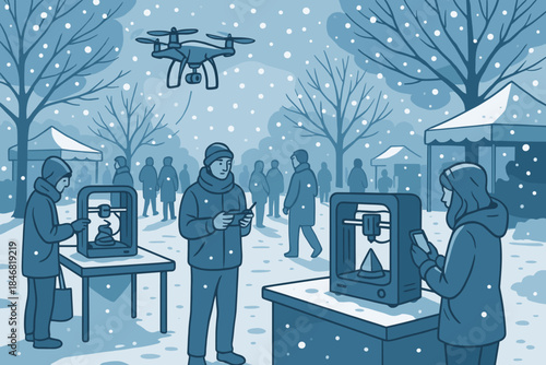 People are using 3D printers outdoors during winter while a drone flies overhead in a snowy park setting