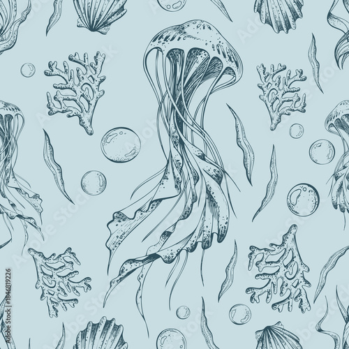 Hand-drawn sea marine life seamless pattern with jellyfish, shell, coral, and algae elements. Underwater world vector outline graphic illustration on a blue for fabric print, packaging, wallpaper.