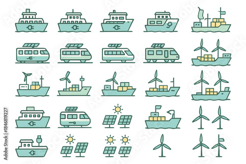 Different types of transportation and renewable energy sources are shown through simple drawings in various arrangements