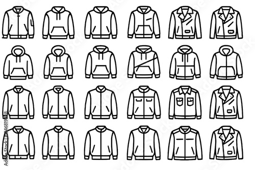 Collection of various jackets and hoodies displayed in a simple line art style for fashion design reference