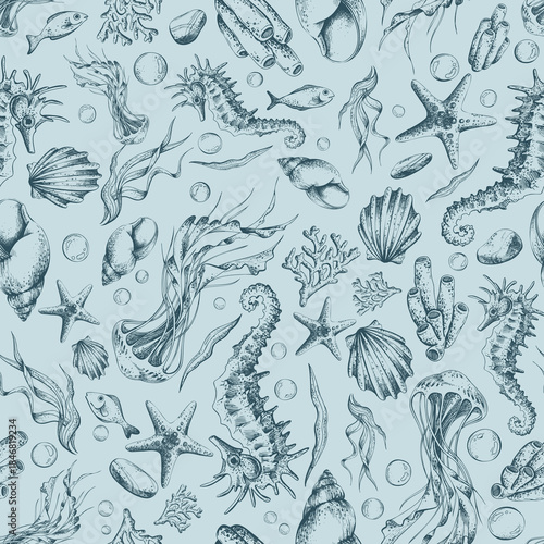 Seamless pattern with hand-drawn marine animal and underwater design. Line art graphic illustration of seahorse, fish, jellyfish, and shell for fabric print or nature background. On a blue background