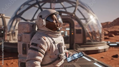 african american astronaut in white suit walking on red planet surface near futuristic colony. man holding digital tablet for research. space exploration mission. science fiction, mars colonization