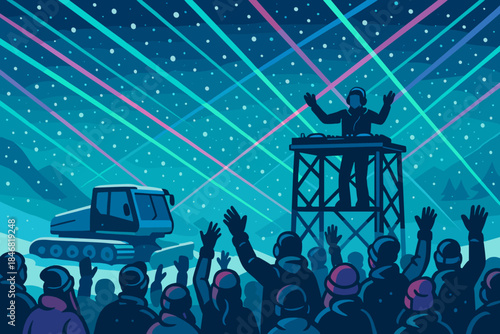 DJ performs on a stage with a crowd during a snow event at night with lights in the sky