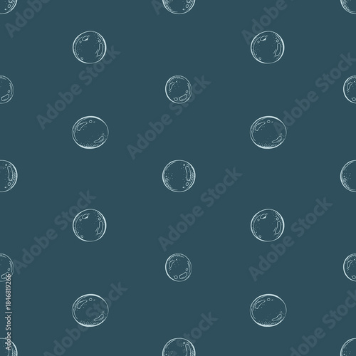 Underwater bubbles seamless pattern. Graphic line art hand drawn illustration of air or water droplet for marine life and sea creative design on a navy blue background
