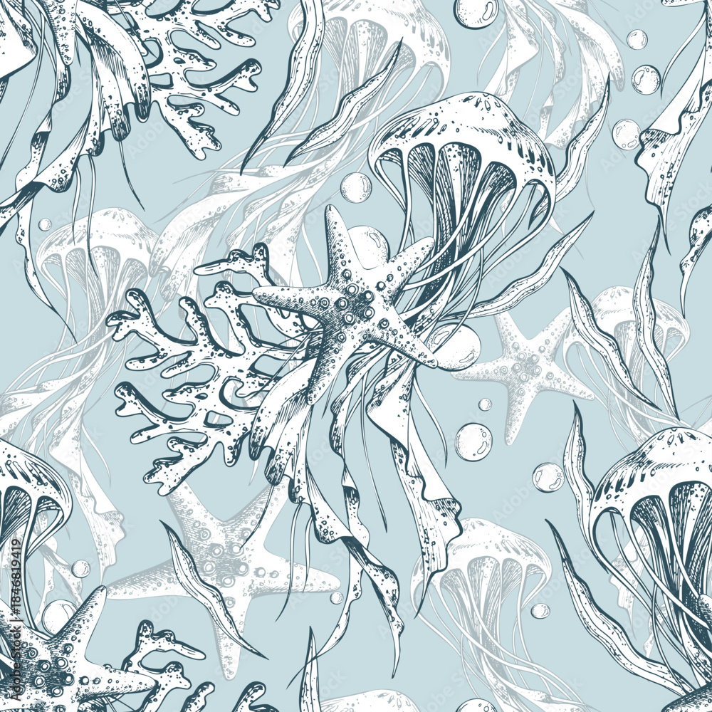 Fototapeta premium Hand drawn seamless pattern with jellyfish, seaweed, starfish, and coral. Underwater life line art graphic illustration for design. Print on a blue background
